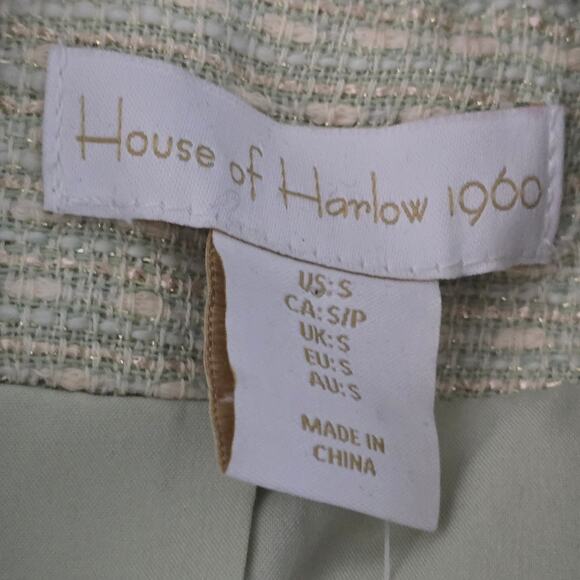 House of Harlow 1960 Tweed Fringe Blazer Green S Double Breasted Chic Old Money - Picture 5 of 10